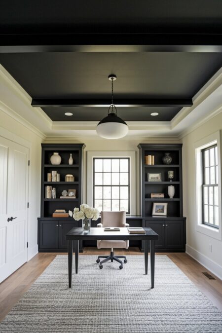 home office with a black ceiling and exposed beams, soft white walls, and black furniture