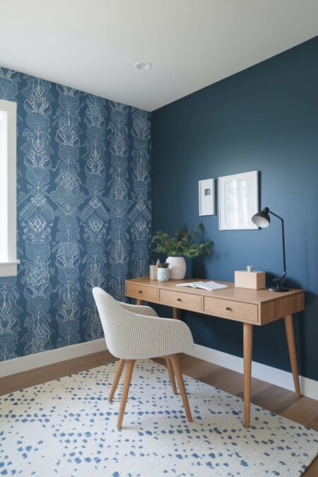 home office with a blue patterned wallpaper and painted walls