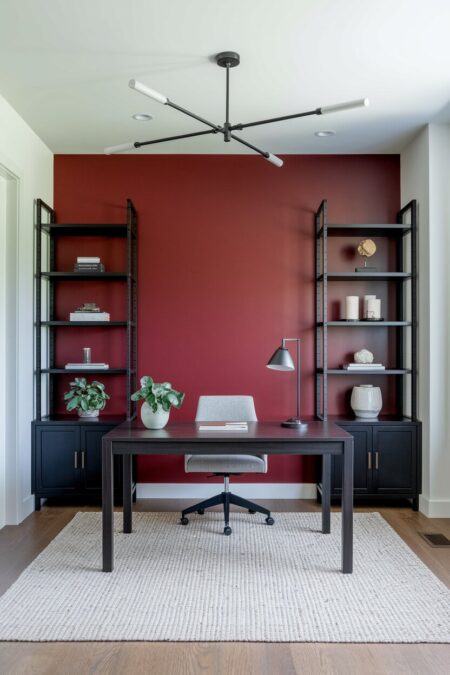 home office with a crimson red accent wall, a dark wood desk, and black metal shelving