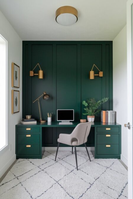 home office with a dark green accent wall and desk, brass fixtures and hardware