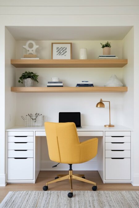 home office with a white desk, open shelving in natural pine, and a yellow office chair