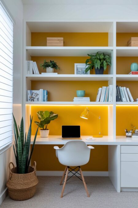 home office with a yellow wall behind white open shelving and a white desk