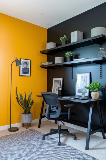 home office with a yellow wall, black furniture next to the black wall, and concrete accessories
