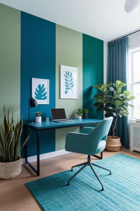 home office with blue and sage green walls, blue desk, curtains, and a rug