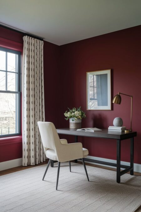 home office with burgundy red walls, cream upholstery, and a brass desk lamp