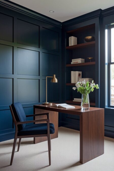 home office with deep navy walls, dark brown wood furniture, and a brass desk lamp