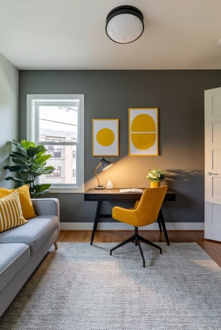 home office with gray walls and an area rug, a yellow chair, throw pillows on the sofa, and artwork