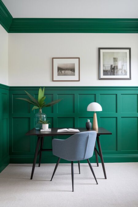 home office with green wainscoting and a black desk