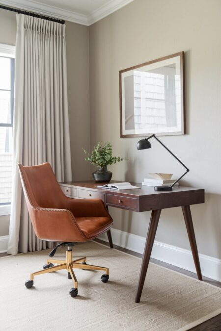 home office with light brown walls, brown leather desk chair, and a walnut desk