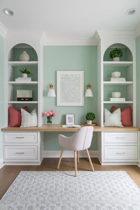home office with light mint green walls, white built-in shelving, and a pale wood desk