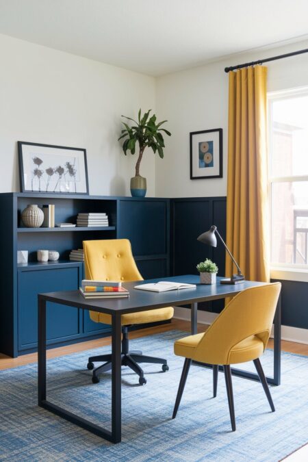 home office with navy on the lower half of the walls, lemon yellow chairs and curtains