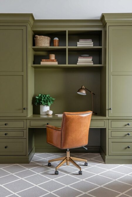 home office with olive green built-in cabinetry and a leather office chair