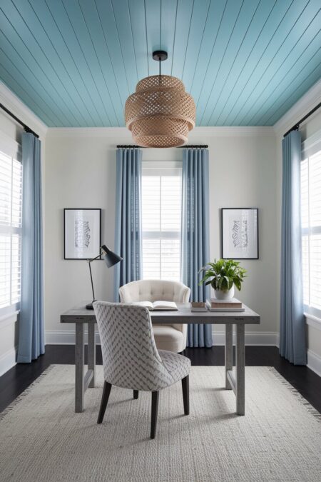 home office with pale blue ceiling, off-white walls, and a rattan light fixture