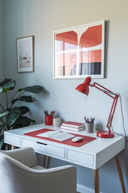 home office with red desk accessories on the white desk