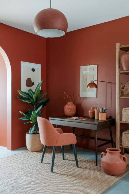 home office with terracotta walls and brown wood furniture, natural decor