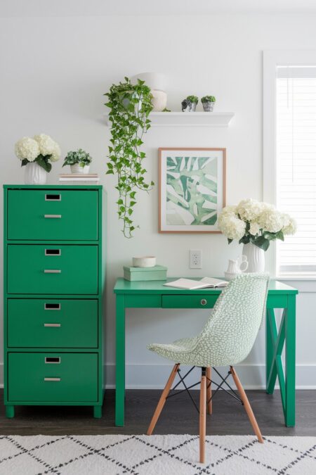 home office with white walls, a green filing cabinet and desk