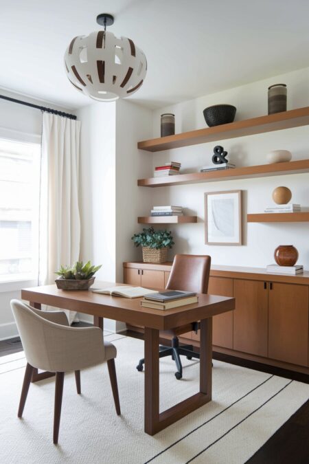 home office with white walls, a walnut desk, brown shelving and cabinets