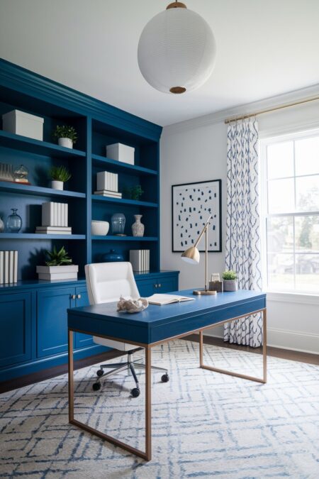 home office with white walls and an office chair, blue built-ins and a desk