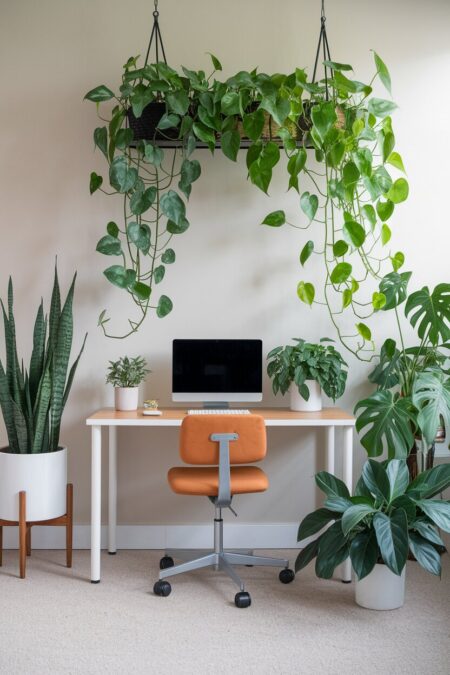 home office with white walls and plenty of houseplants