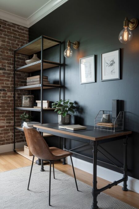 industrial black home office with an exposed brick wall, steel shelving, and a desk with iron pipe legs