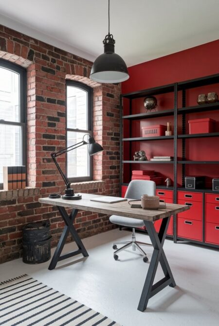 industrial red home office with an exposed brick wall, black pendant light, and a reclaimed wood desk