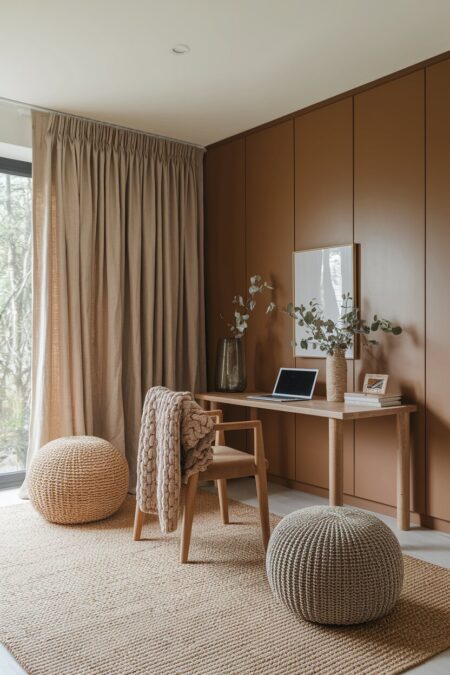 light brown home office with linen curtains, a jute rug, and wood furniture