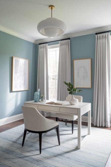 light home office with powder blue walls, a white desk, and linen curtains