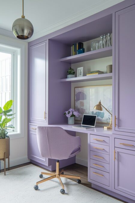 light purple home office with metallic accents
