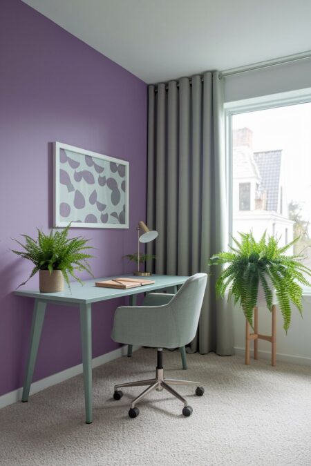 light purple home office with sage green office chair, curtains, and a few houseplants