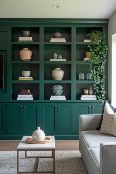 living room with dark green built-in cabinetry, a linen sofa, and neutral walls