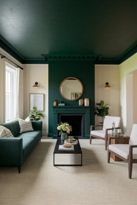living room with dark green ceiling, a fireplace, and cream walls