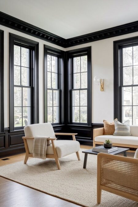 living room with white walls, black framed windows, cream linen, rattan, and light oak furniture