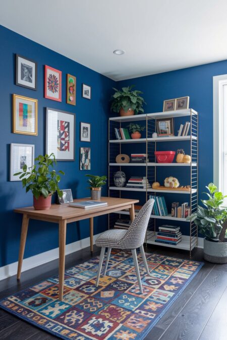 maximalist blue home office with a gallery wall