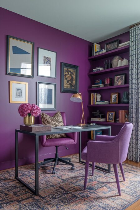 maximalist purple home office with a gallery wall