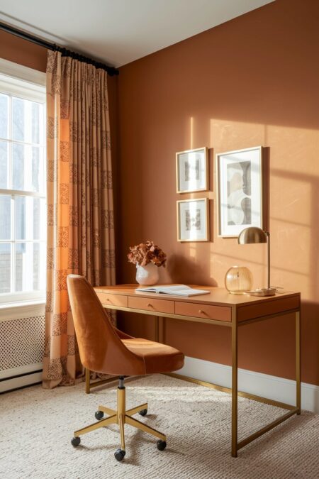 minimalist caramel brown home office with a brass desk lamp