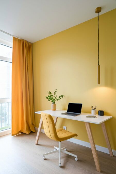 minimalist yellow home office with a white desk and a pendant light in warm gold