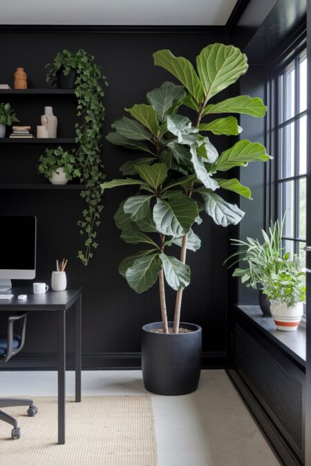 modern black home office with a fiddle-leaf fig in the corner, small plants on shelves and windowsill