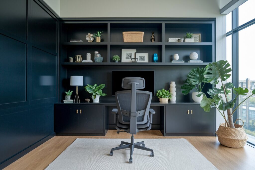 modern black home office with an ergonomic office chair