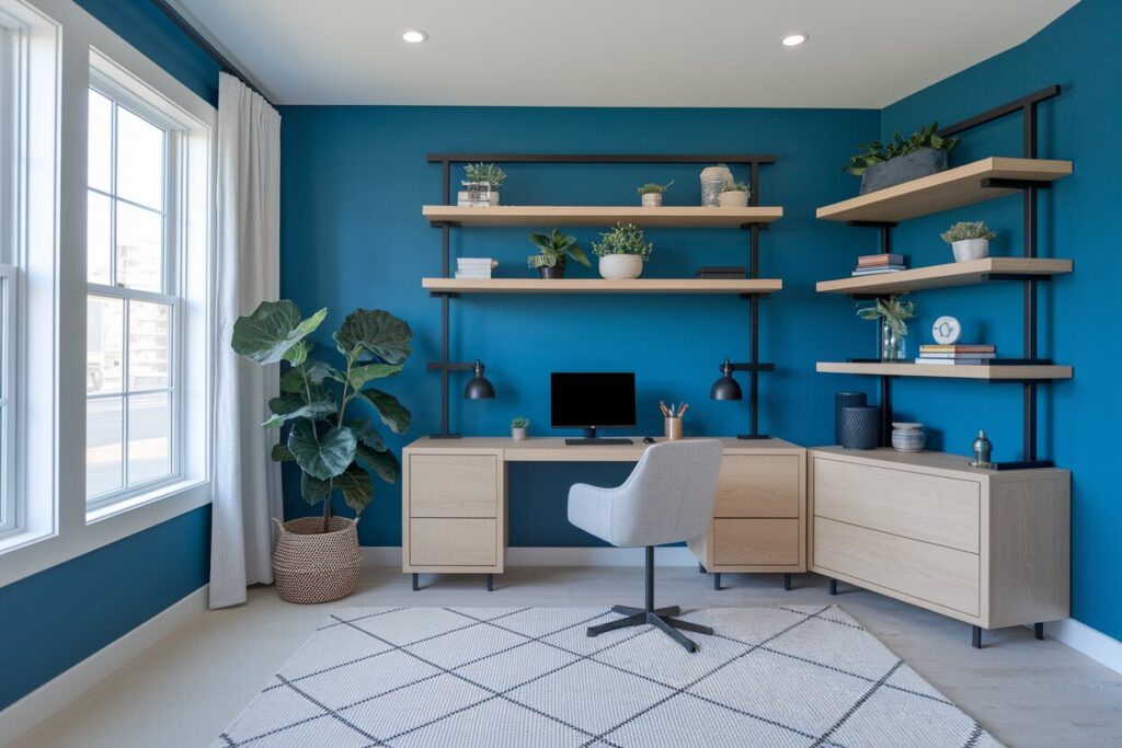 15 Blue Home Office Ideas That Will Make You Love Remote Work modern blue home office with light wood furniture in the odd shaped room