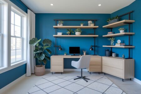 15 Blue Home Office Ideas That Will Make You Love Remote Work modern blue home office with light wood furniture in the odd shaped room