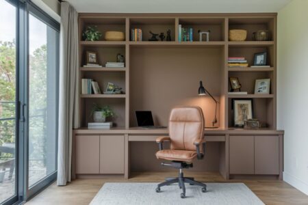 modern brown home office with a comfortable leather office chair
