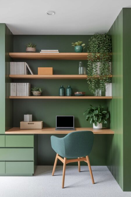 modern green home office with oak open shelves and desk