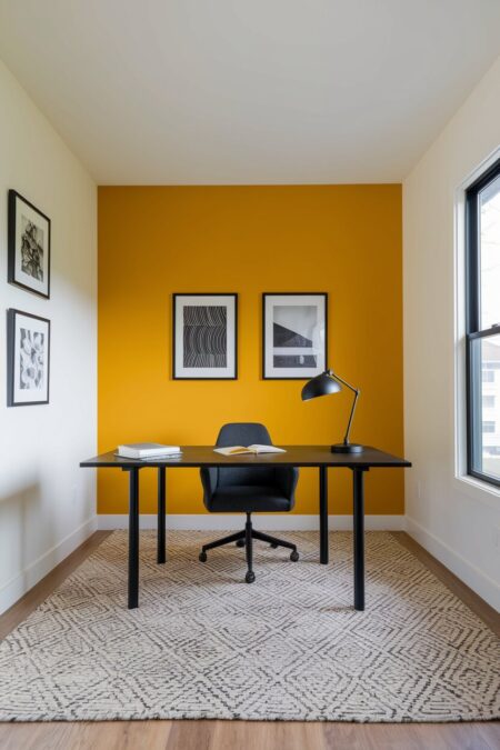 modern home office with a bold yellow accent wall