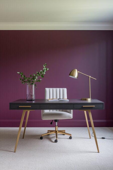 modern home office with a deep plum accent wall, brass desk lamp and hardware