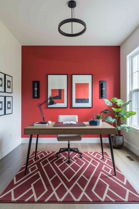 modern home office with a red area rug in geometric pattern and a red accent wall