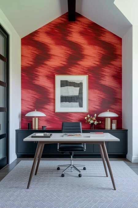 modern home office with a red wallpaper with abstract brushstroke design and black furniture