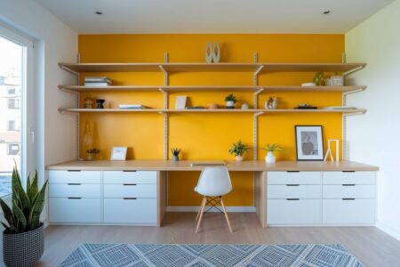 12 Yellow Home Office Ideas for a Bright, Energizing Workspace modern home office with a yellow accent wall, white and light wood furniture