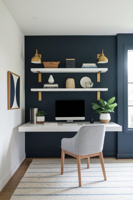 modern home office with navy blue accent wall, brass accents, white floating desk and shelves