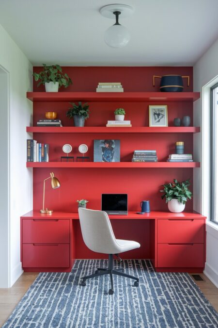 modern home office with red shelving