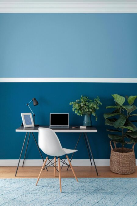modern home office with two-toned blue walls
